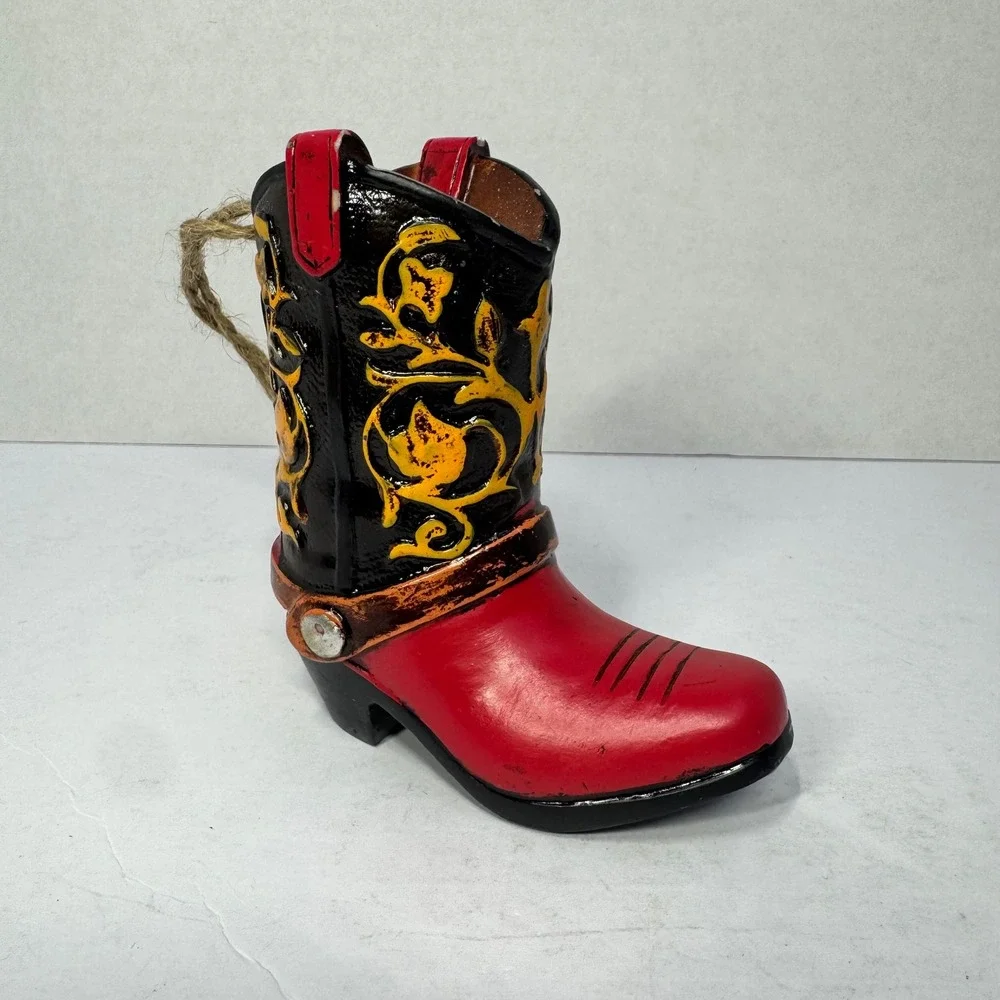 Western Cowboy Boot Ornament Red Black Yellow Filigree Resin‎ 4 Inch Hanging EUC